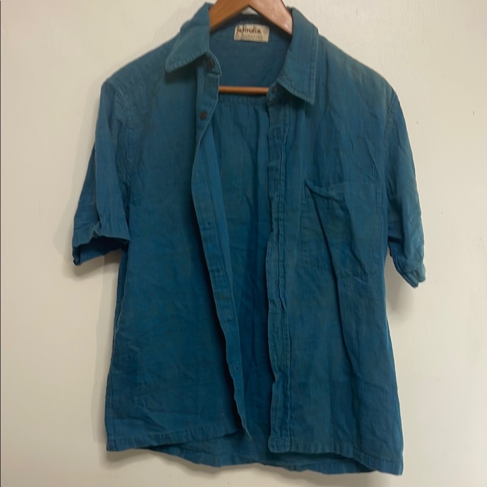 Vintage India Blue Cotton Short Sleeve Shirt